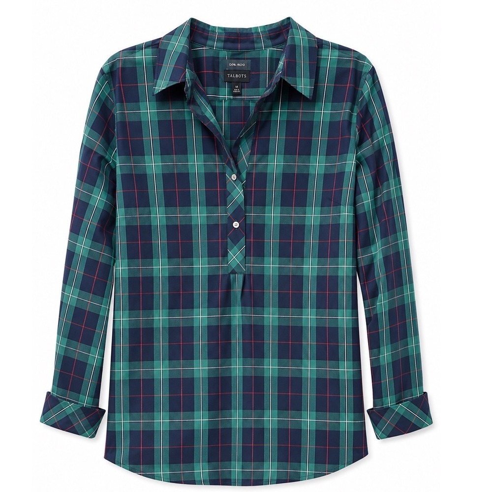 Talbots Tartan Plaid Shirt Womens 14 Cotton Stretch Preppy Christmas Holiday